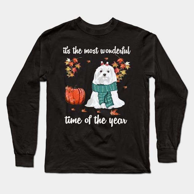 Maltese Dog Autumn Fall Most Wonderful Time Maple Gift Long Sleeve T-Shirt by AstridLdenOs